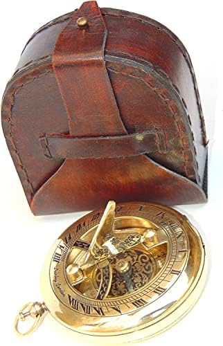 CH פליז עתיק פליז ימי משמש ימי ימי ימי לחיצה על כפתור Sundial מצפן עם מארז עור | פליז מערב לונדון
